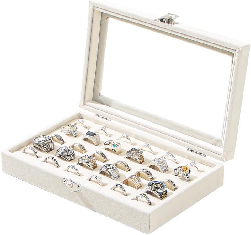 Adugay Ring Display Case,Jewelry Ring Organizer Box For Rings,Ring And Earring Holder Box For Girl,Velvet Ring Display Tray (Beige, 30 slots), QF010 - Image 1